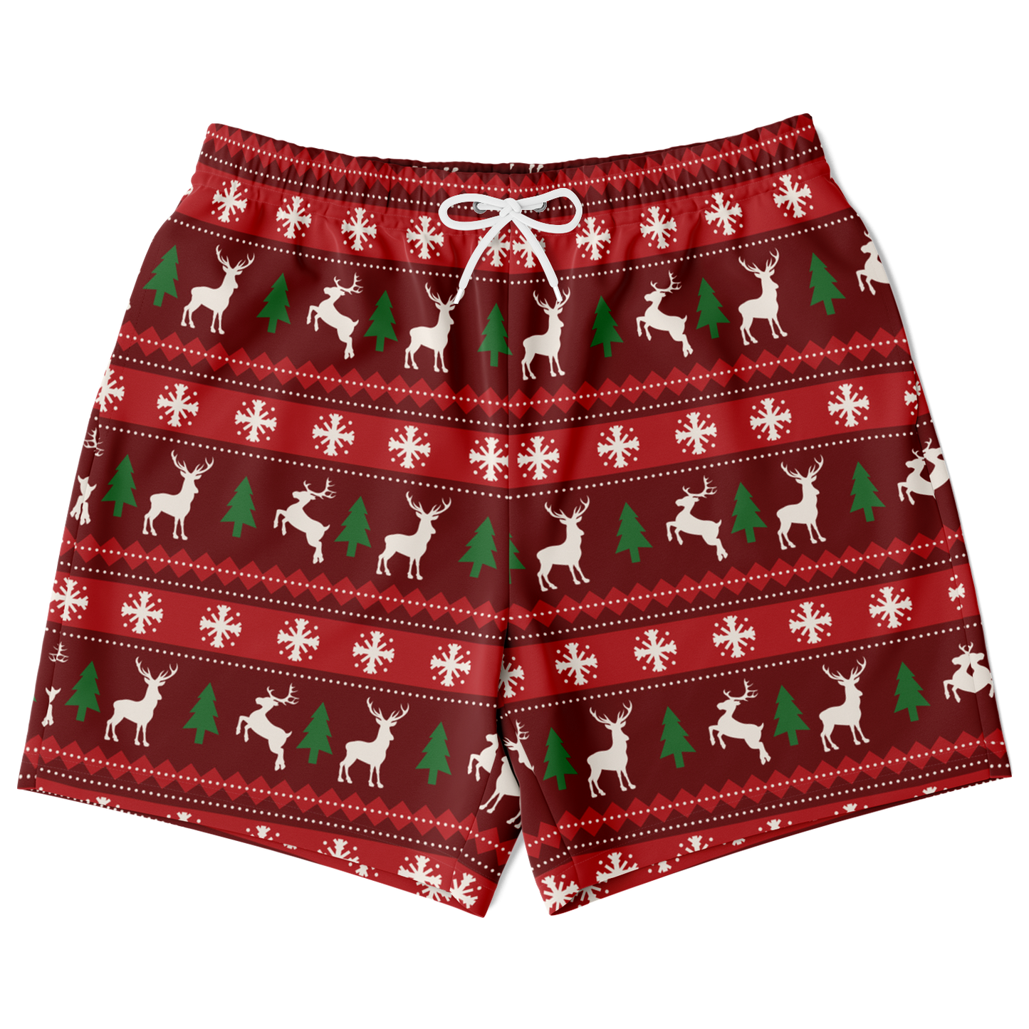 Merry Vibes Shorts – front view, festive Christmas print with reindeer and trees
