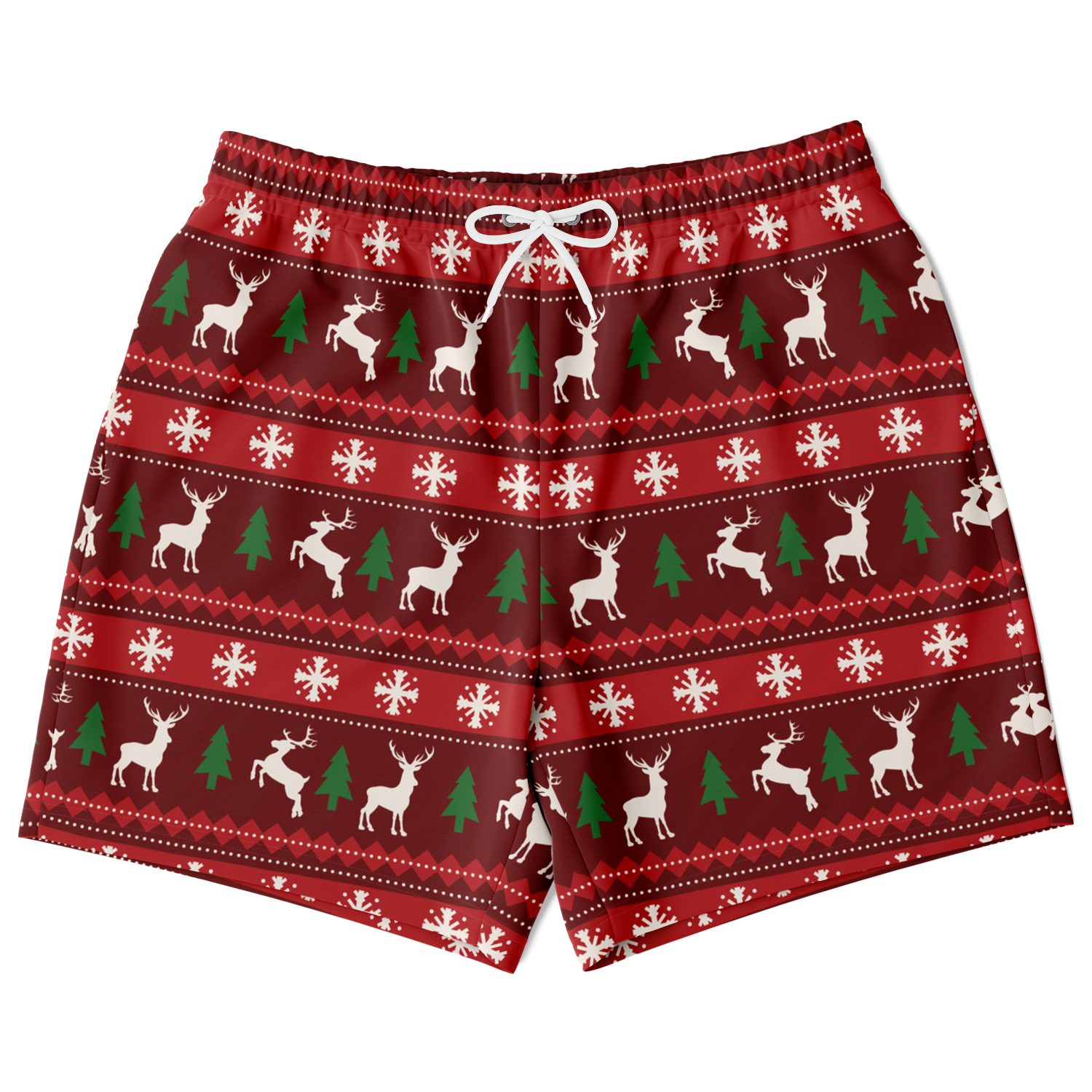 Merry Vibes Shorts – front view, festive Christmas print with reindeer and trees
