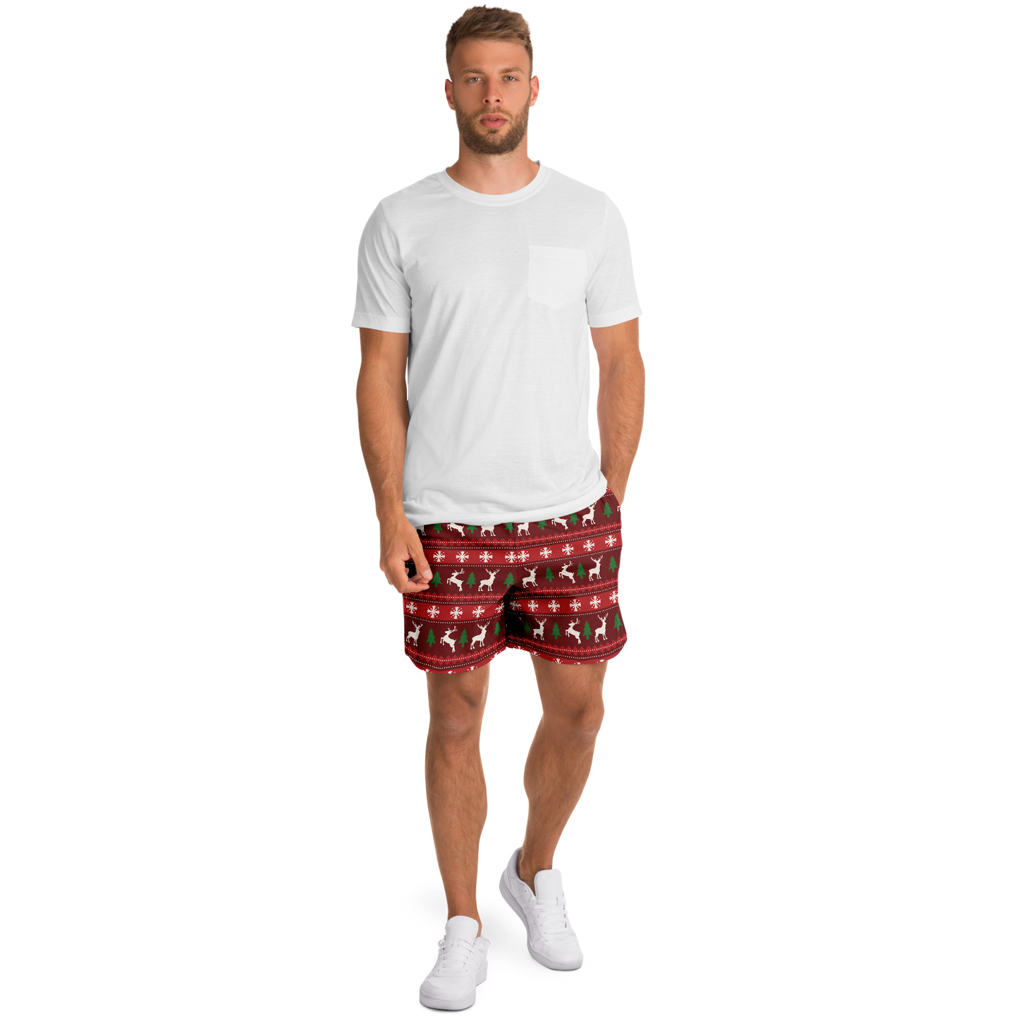 Merry Vibes Shorts – full body front look with model wearing white T-shirt
