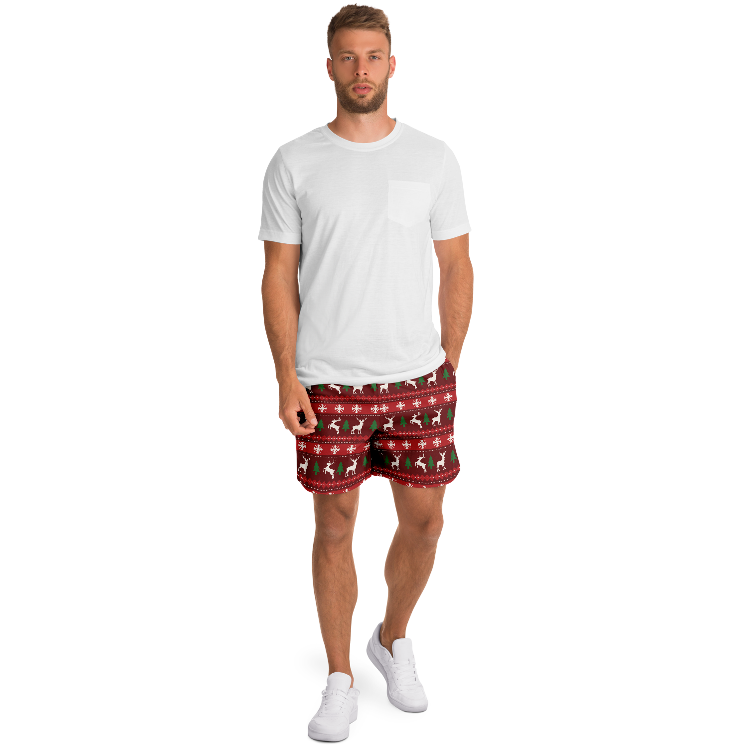 Merry Vibes Shorts – full body front look with model wearing white T-shirt