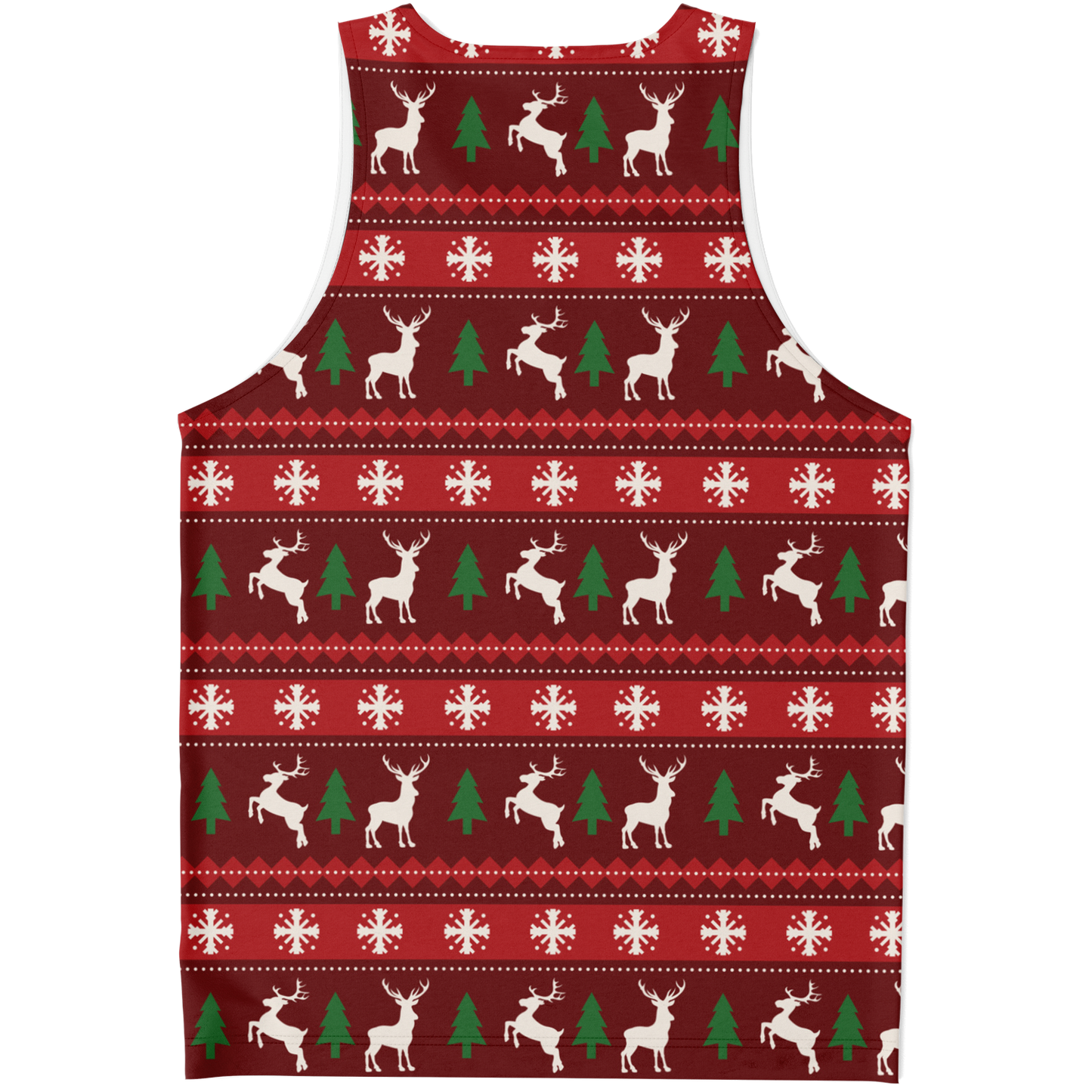 Merry Vibes Tank Top – back view, holiday red design with snowflakes and reindeer