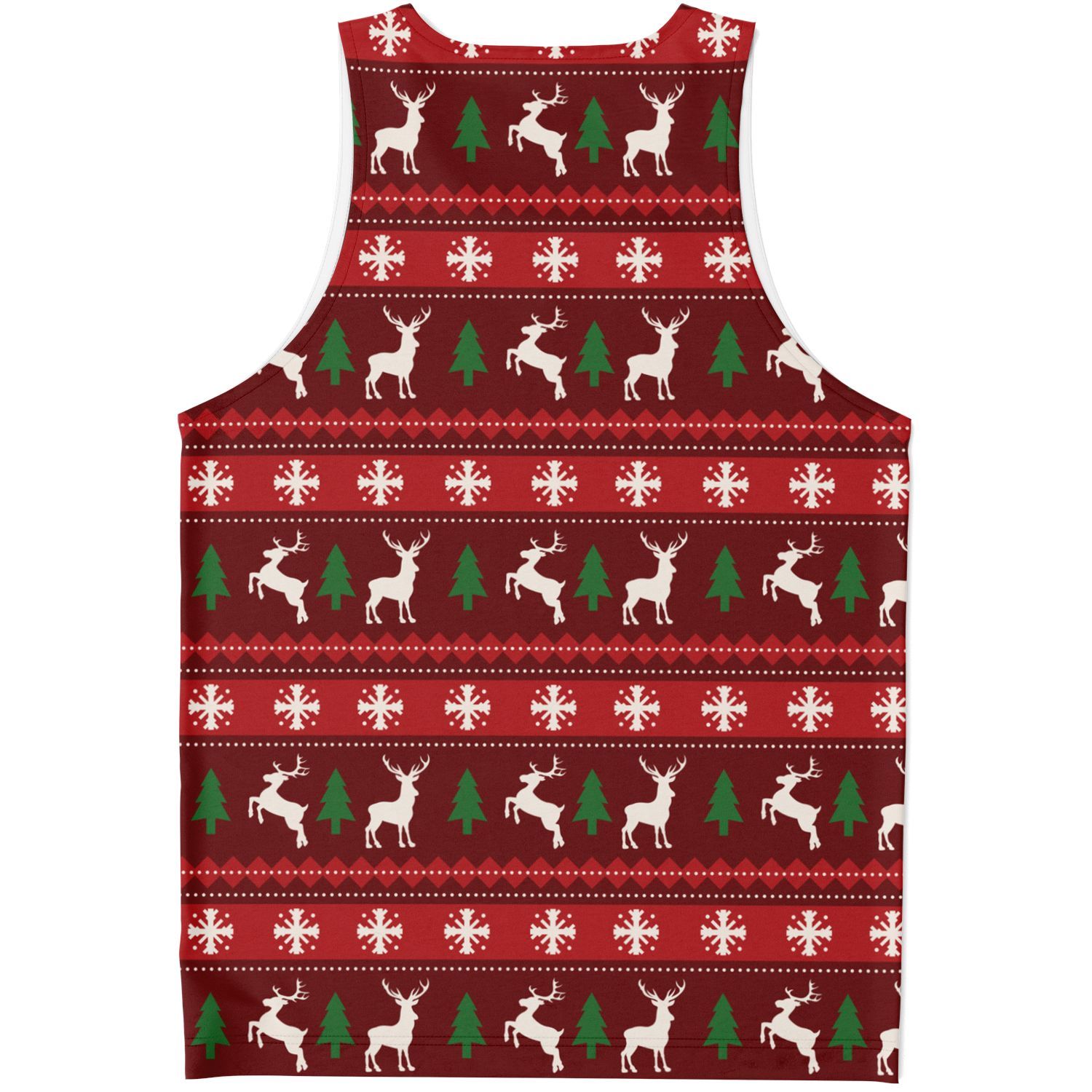 Merry Vibes Tank Top – back view, holiday red design with snowflakes and reindeer