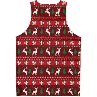 Merry Vibes Tank Top – back view, holiday red design with snowflakes and reindeer