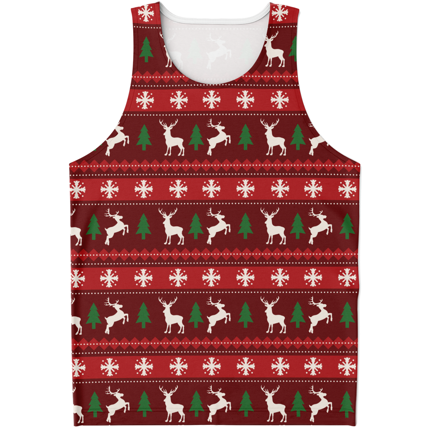 Merry Vibes Tank Top – front view, festive Christmas print with reindeer and trees