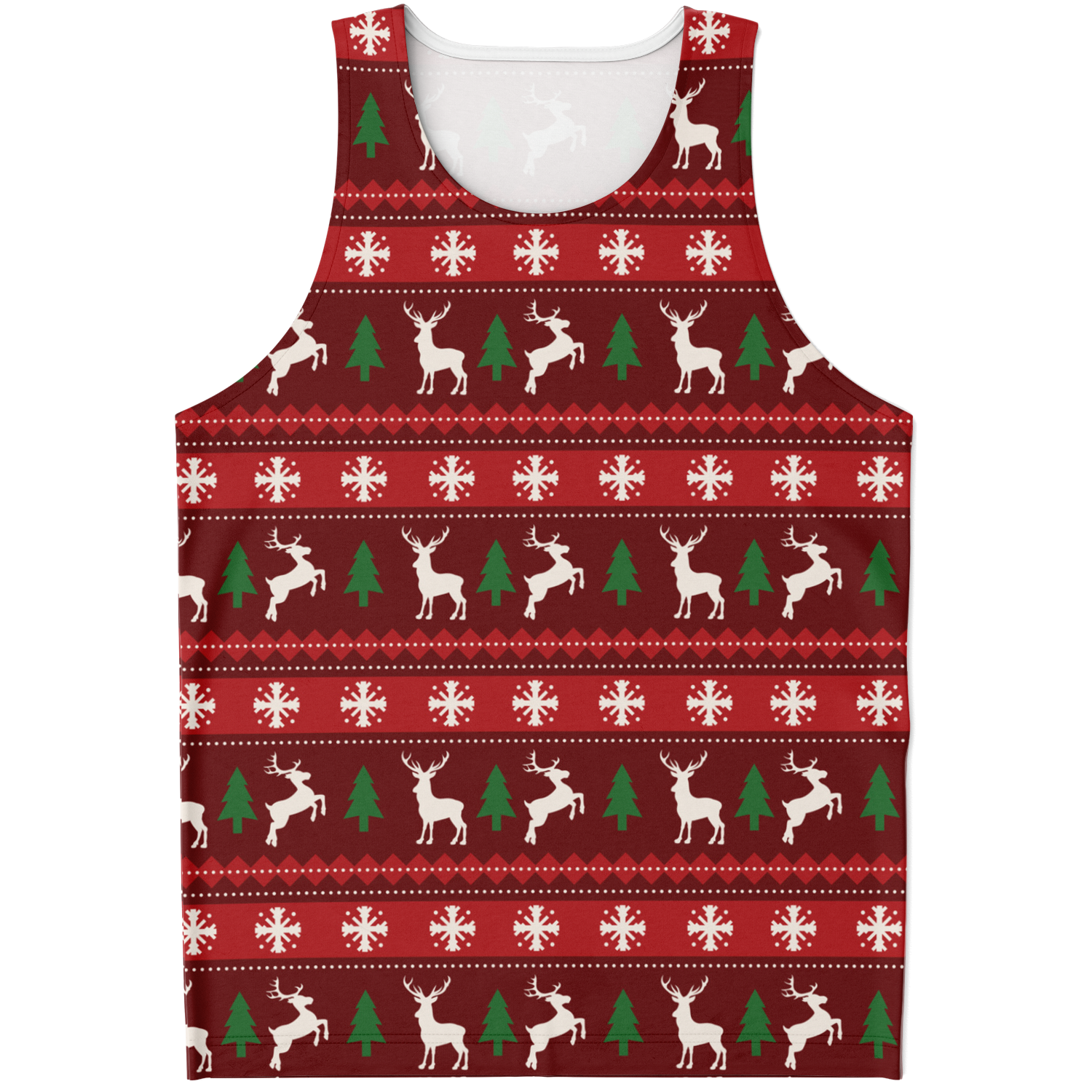 Merry Vibes Tank Top – front view, festive Christmas print with reindeer and trees