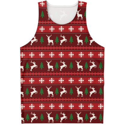 Merry Vibes Tank Top – front view, festive Christmas print with reindeer and trees