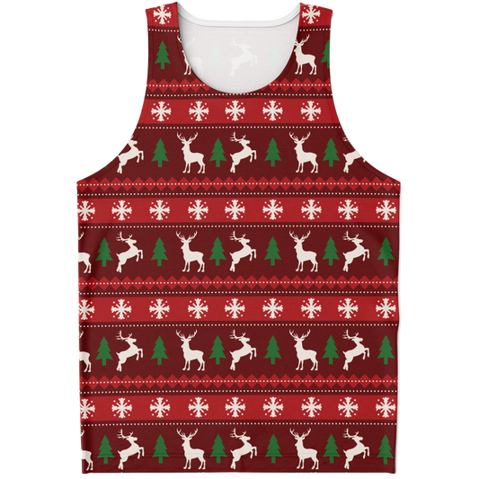 Merry Vibes Tank Top – front view, festive Christmas print with reindeer and trees