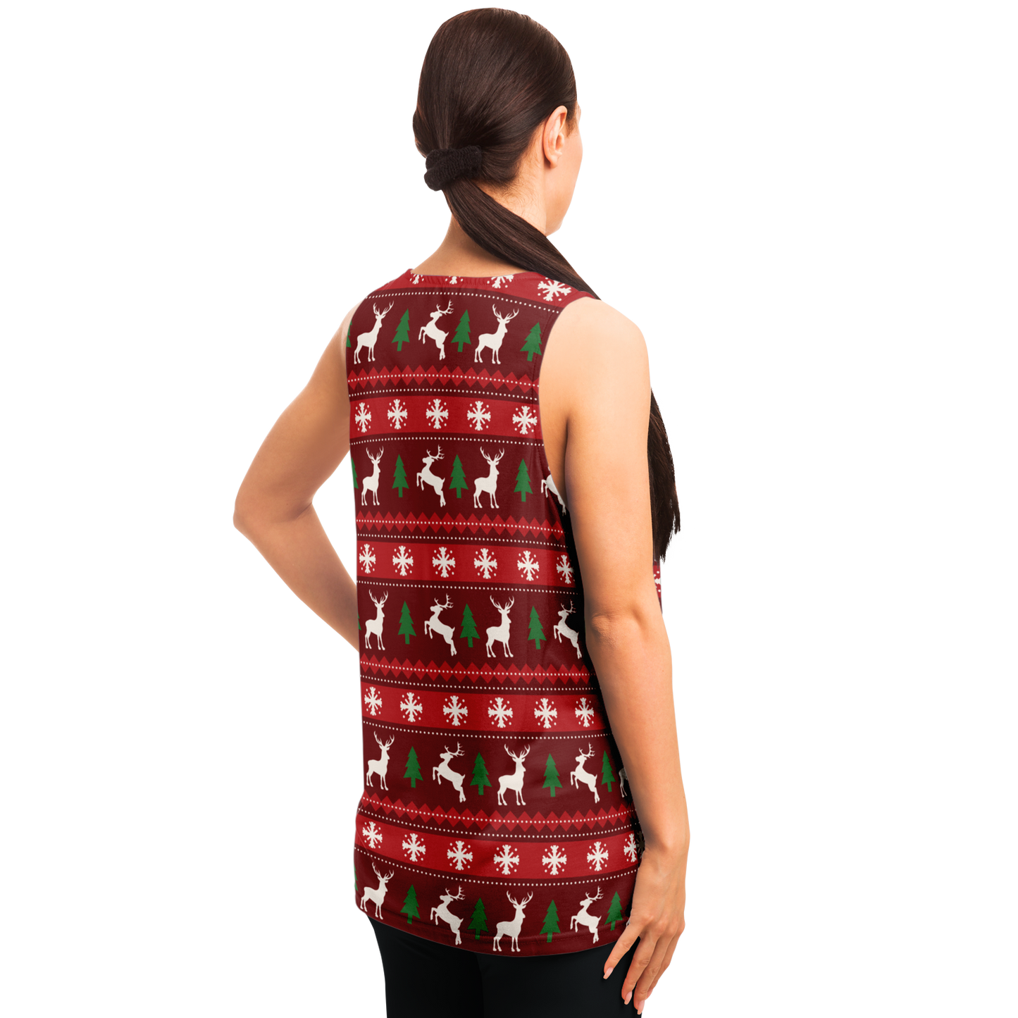 Merry Vibes Tank Top – female model left  view highlighting festive details