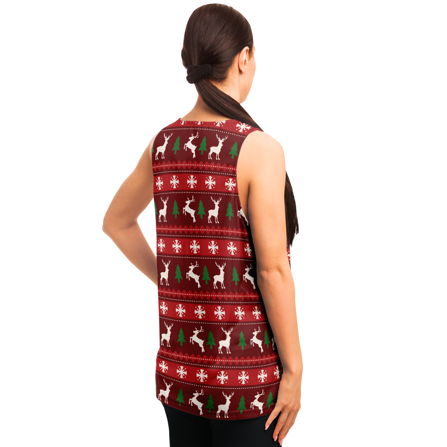 Merry Vibes Tank Top – female model left  view highlighting festive details