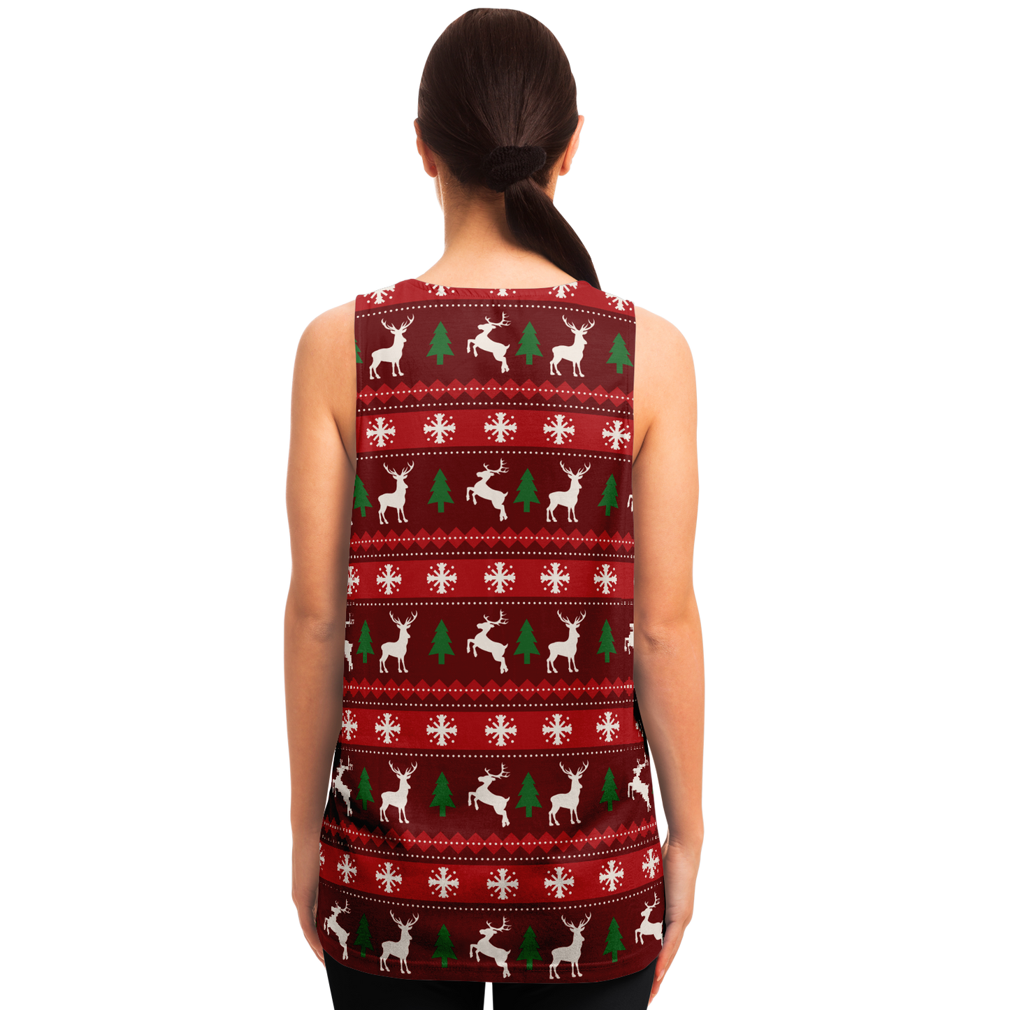 Merry Vibes Tank Top – female model back view highlighting festive details