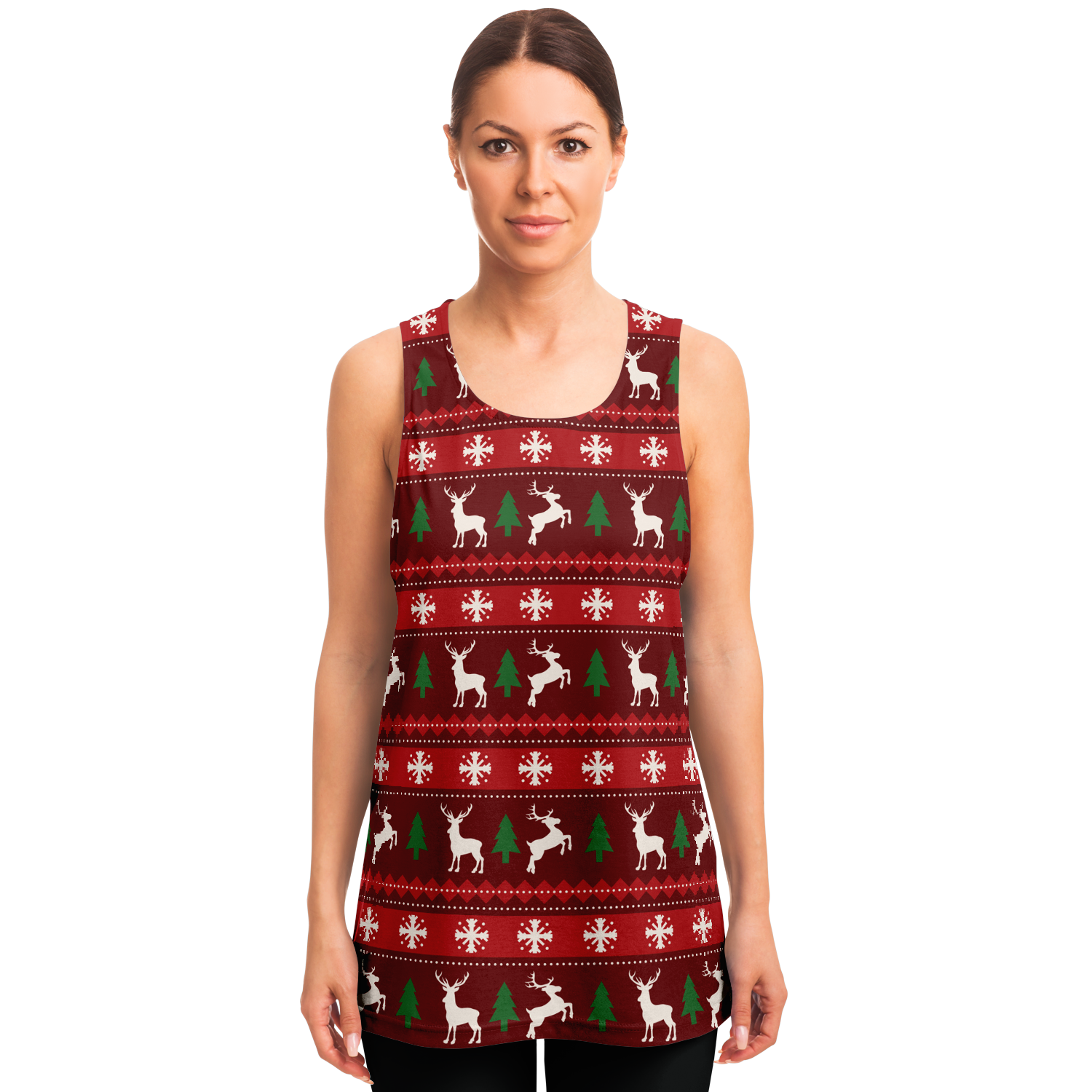 Merry Vibes Tank Top – female model front view wearing holiday print tank top