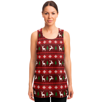 Merry Vibes Tank Top – female model front view wearing holiday print tank top