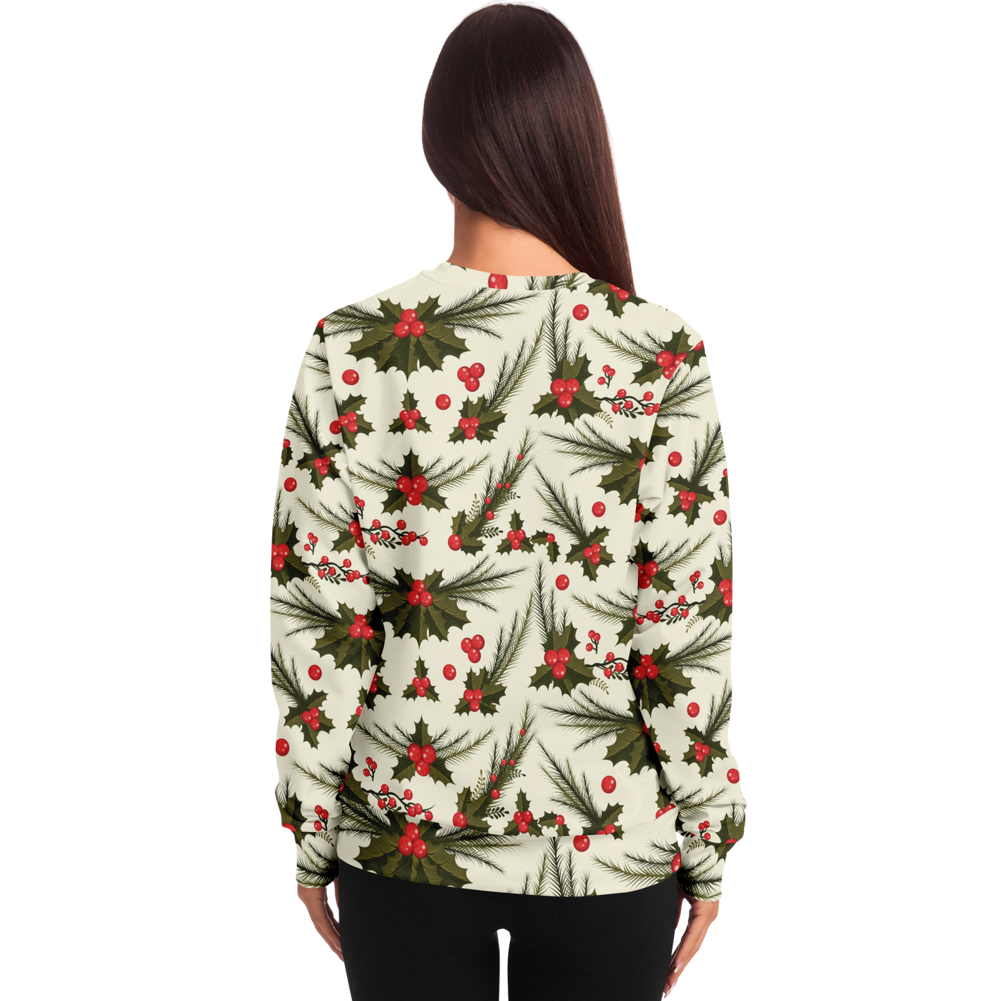 Back view of  a female model wearing Christmas holly and berry print sweatshirt