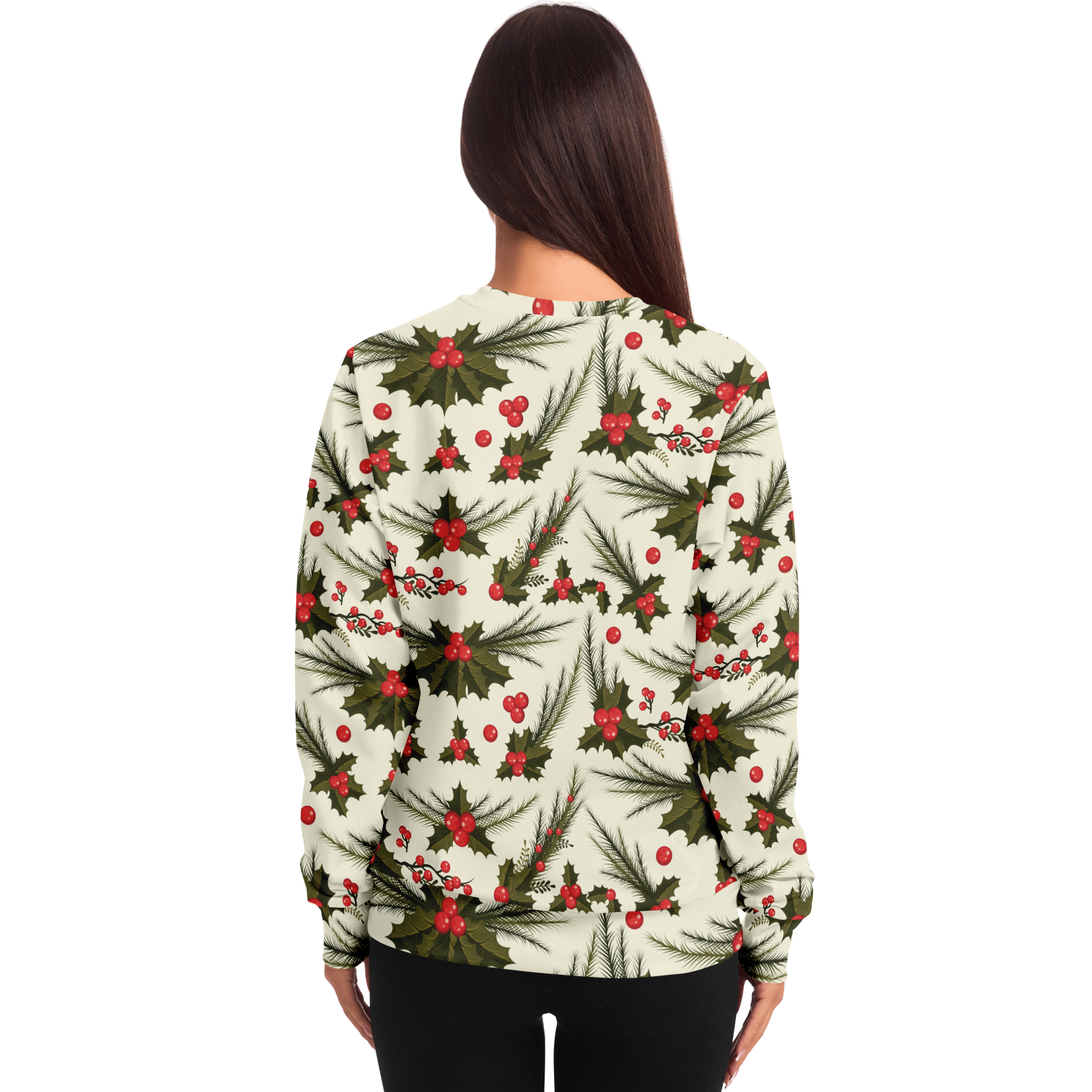 Back view of  a female model wearing Christmas holly and berry print sweatshirt