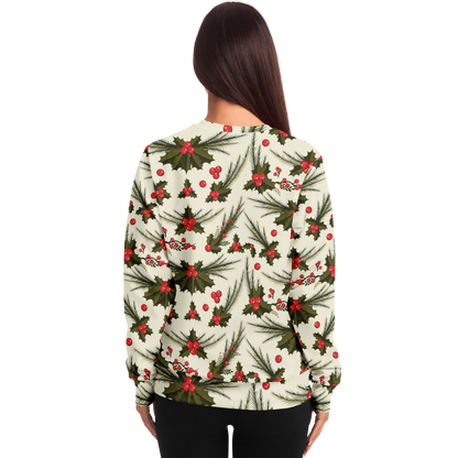 Back view of  a female model wearing Christmas holly and berry print sweatshirt
