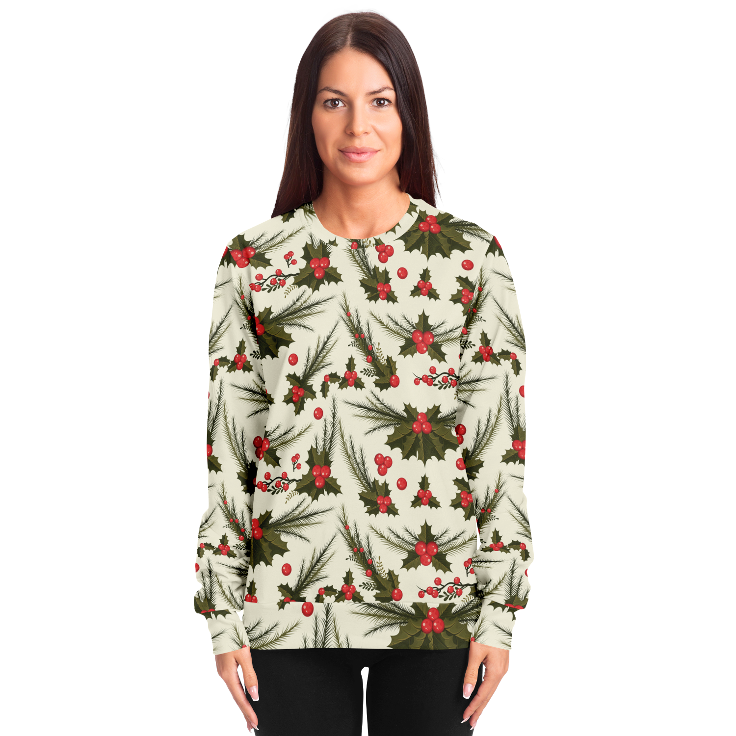 front  view of female model wearing Christmas holly and berry patterned sweatshirt