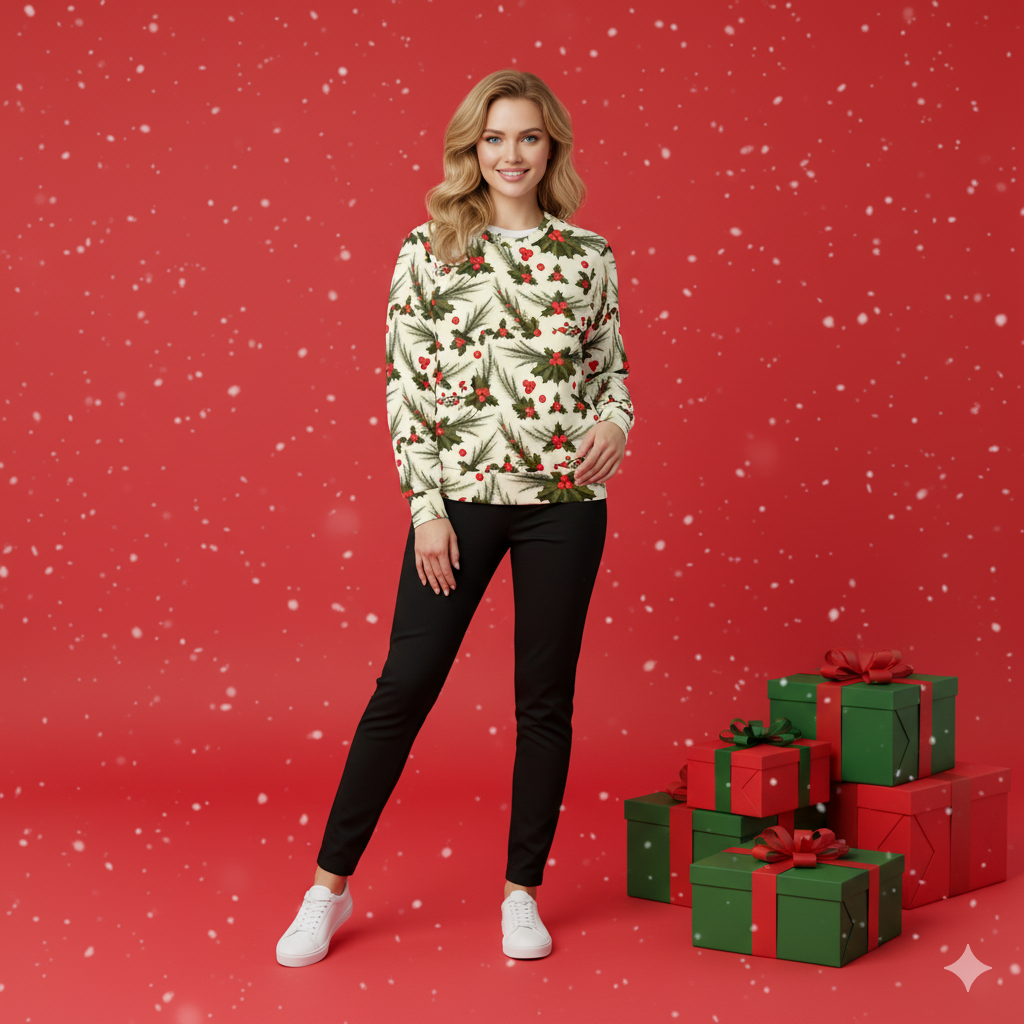 Woman wearing a festive sweater with Christmas-themed design, standing next to gift boxes on a red background.