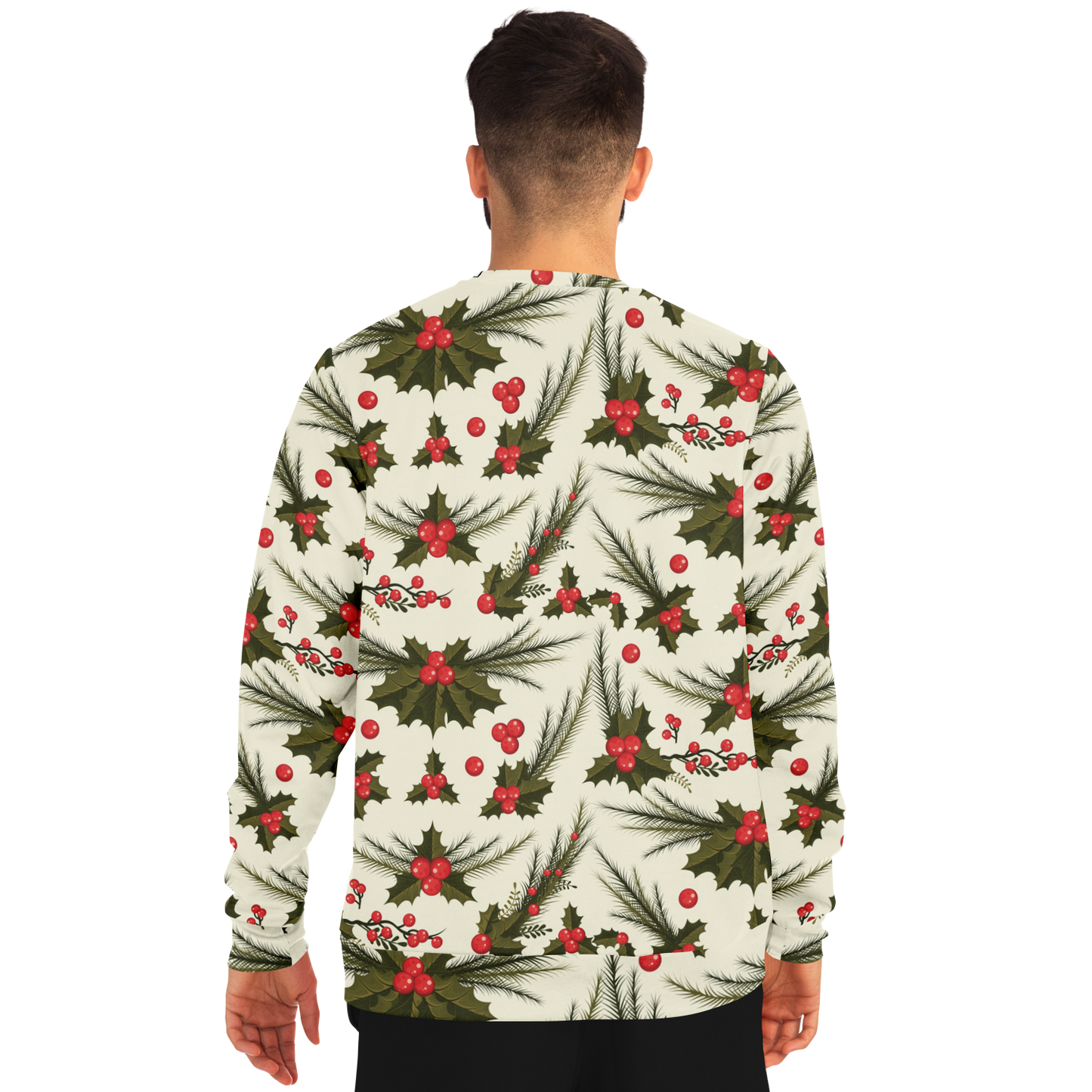 Male model back view, Christmas holly and berry sweatshirt