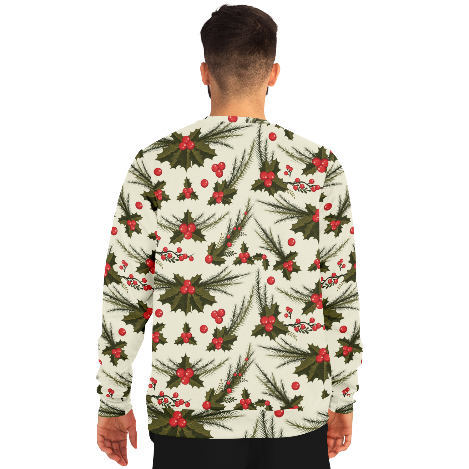 Male model back view, Christmas holly and berry sweatshirt