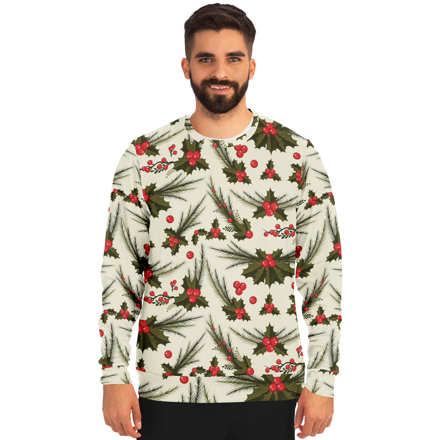 Male model front view, Christmas holly and berry sweatshirt
