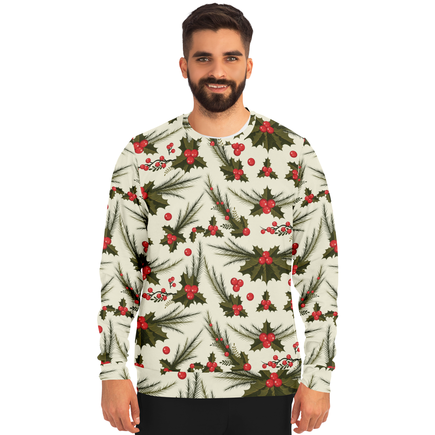 Male model front view, Christmas holly and berry sweatshirt