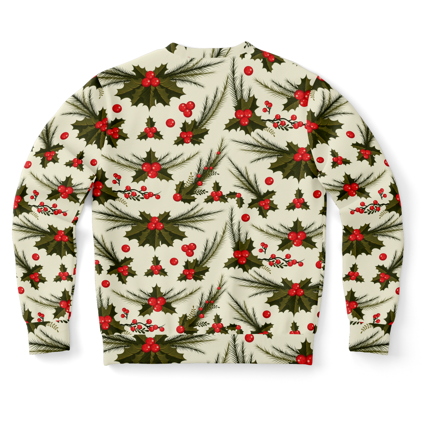 Back view of sweatshirt showing holiday holly and berry pattern