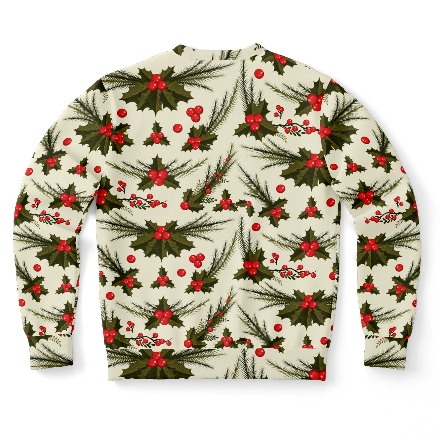 Back view of sweatshirt showing holiday holly and berry pattern