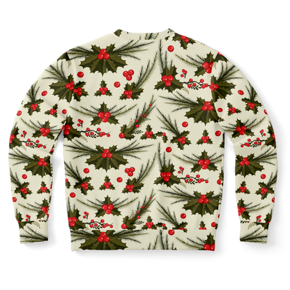 Back view of sweatshirt showing holiday holly and berry pattern