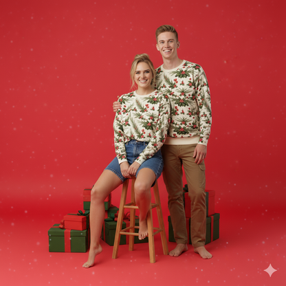 Two people wearing festive sweaters standing against a red background with gift boxes.