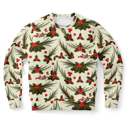 Front view of sweatshirt with festive holly and berry all-over print