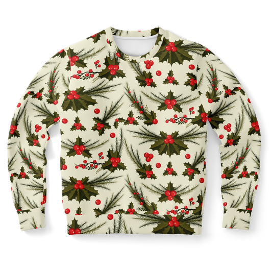 Front view of sweatshirt with festive holly and berry all-over print