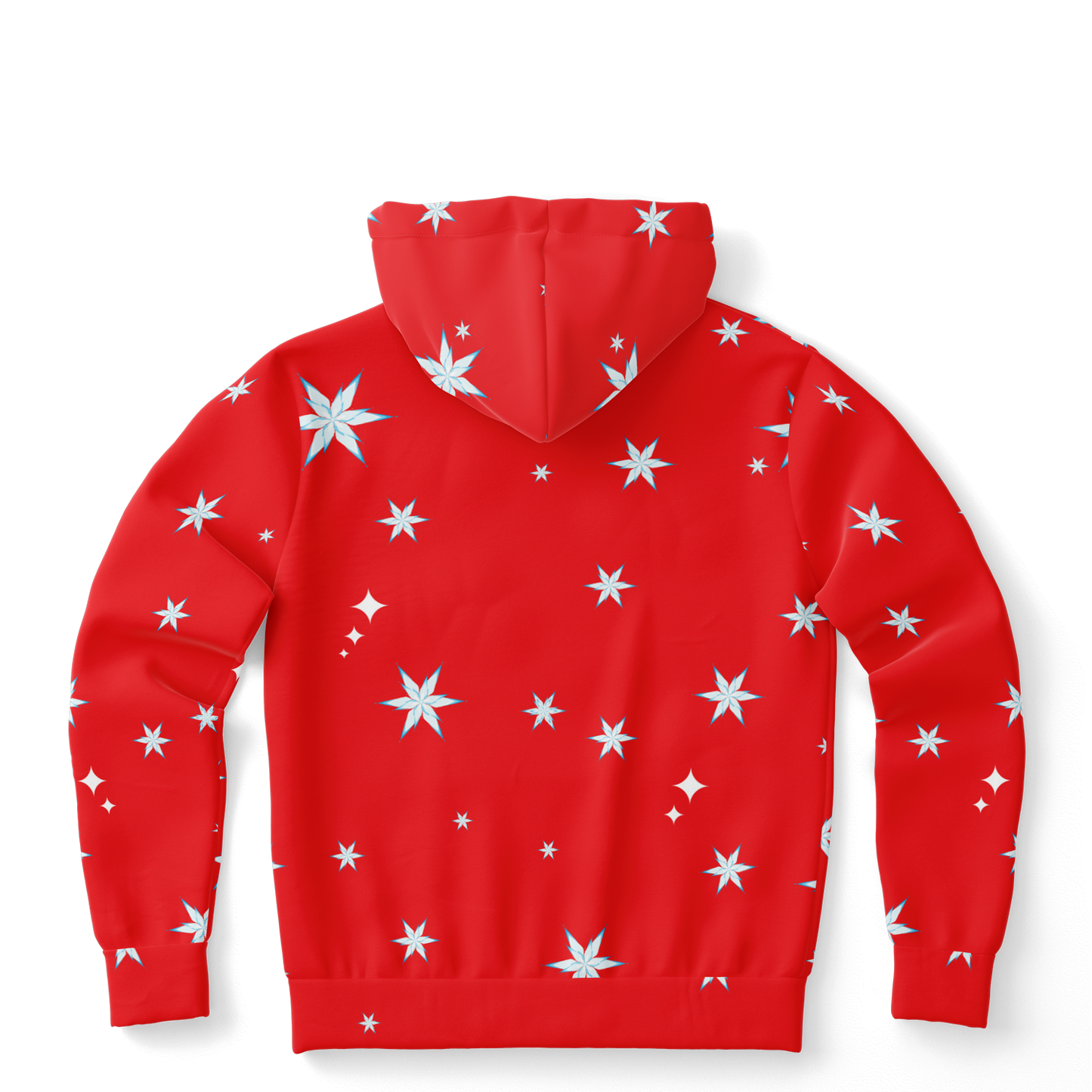 Back view of red hoodie with white snowflakes scattered across the fabric