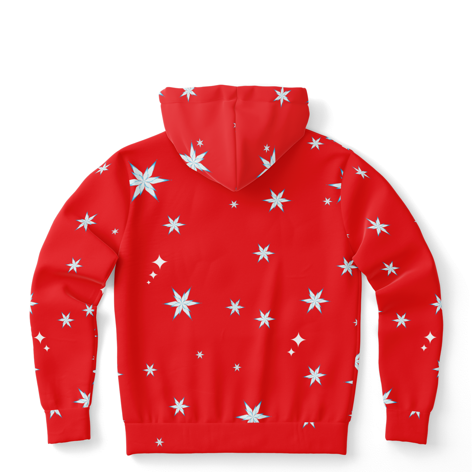 Back view of red hoodie with white snowflakes scattered across the fabric