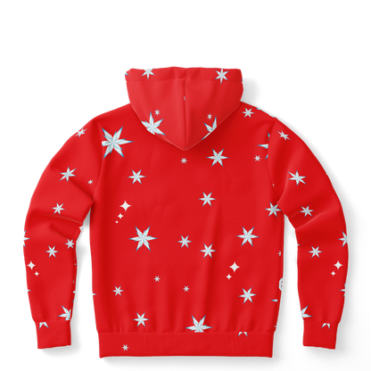 Back view of red hoodie with white snowflakes scattered across the fabric