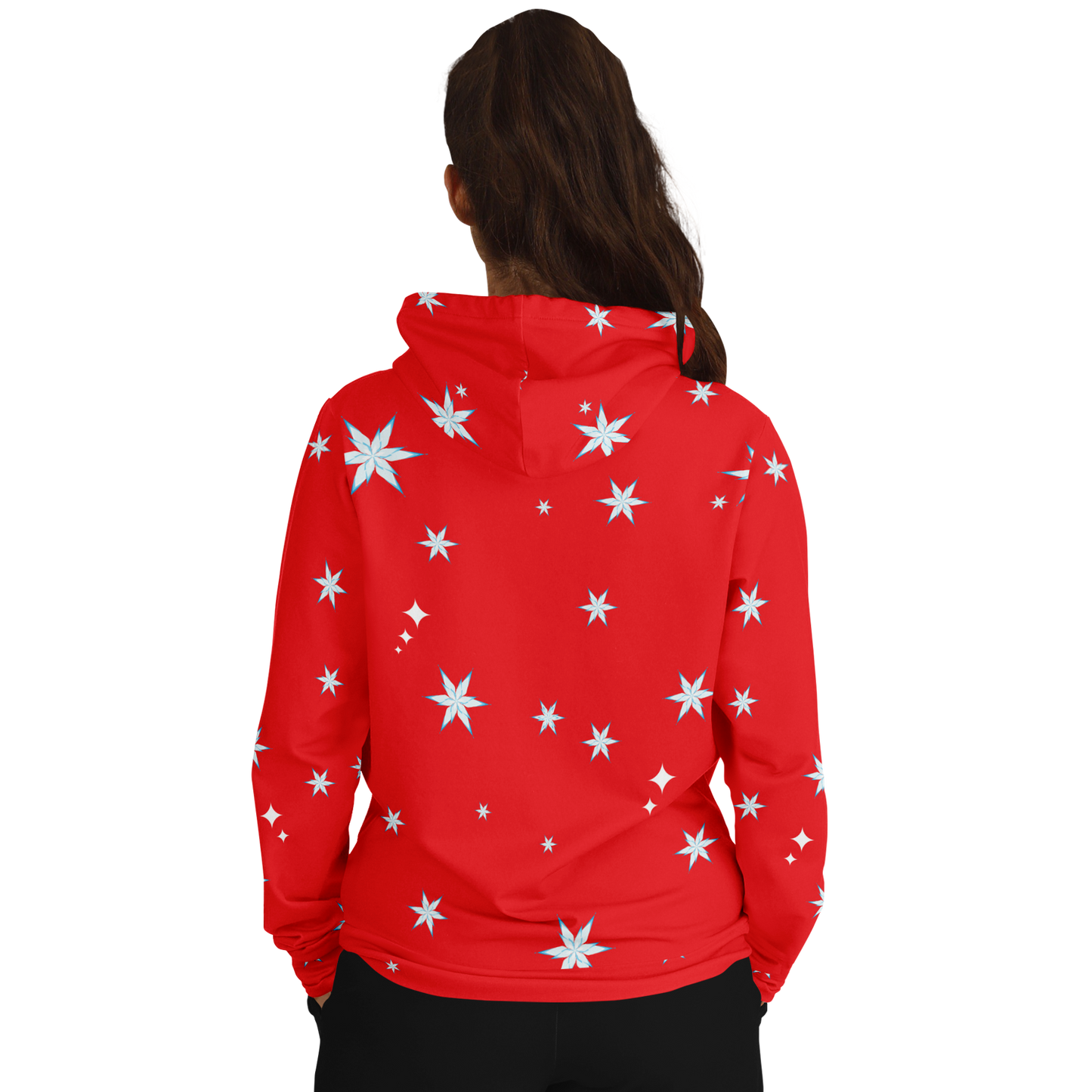 Back view of person in hoodie, displaying red holiday design.