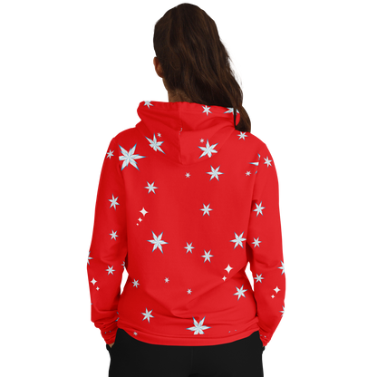 Back view of person in hoodie, displaying red holiday design.