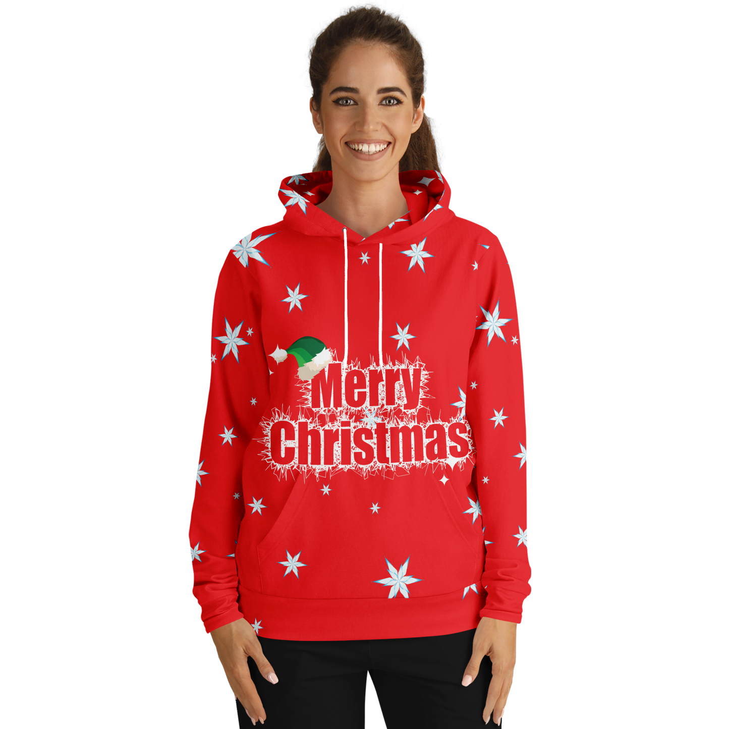 Person wearing the hoodie, showing the festive design on the front