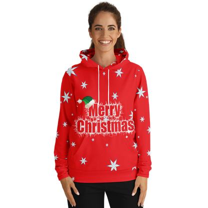 Person wearing the hoodie, showing the festive design on the front