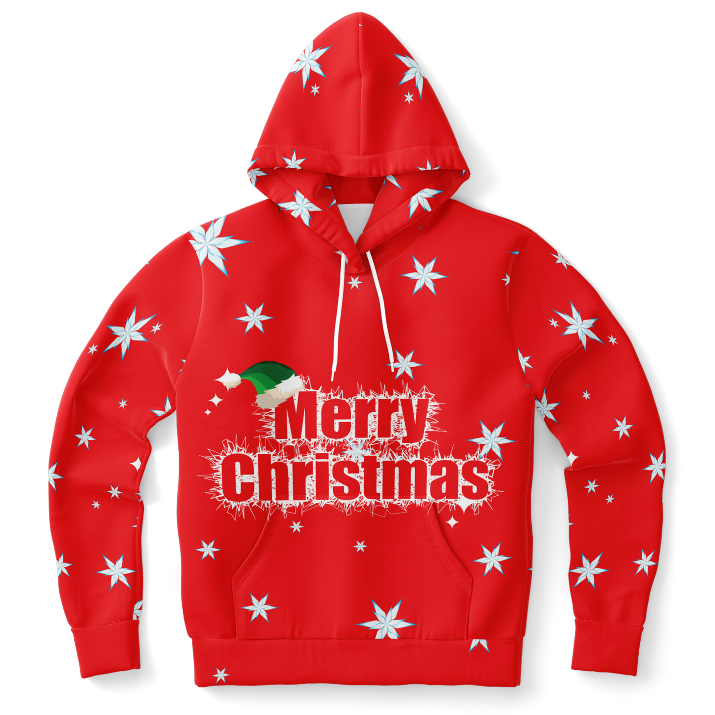 Front view of red hoodie with Merry Christmas text and white snowflake pattern.