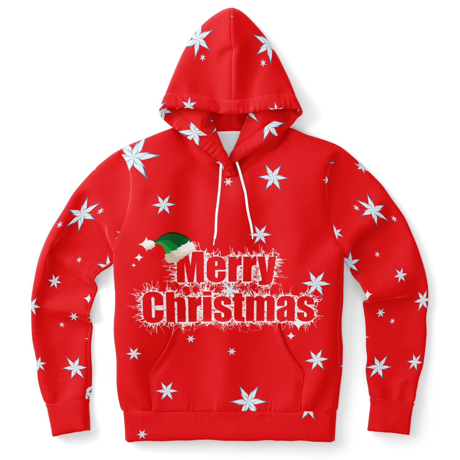Front view of red hoodie with Merry Christmas text and white snowflake pattern.