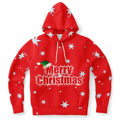 Front view of red hoodie with Merry Christmas text and white snowflake pattern.