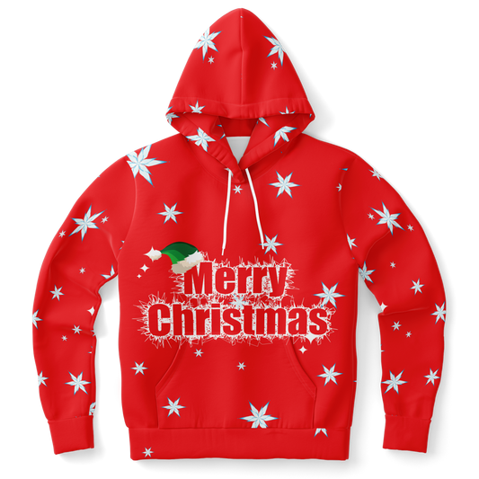 Front view of red hoodie with Merry Christmas text and white snowflake pattern.