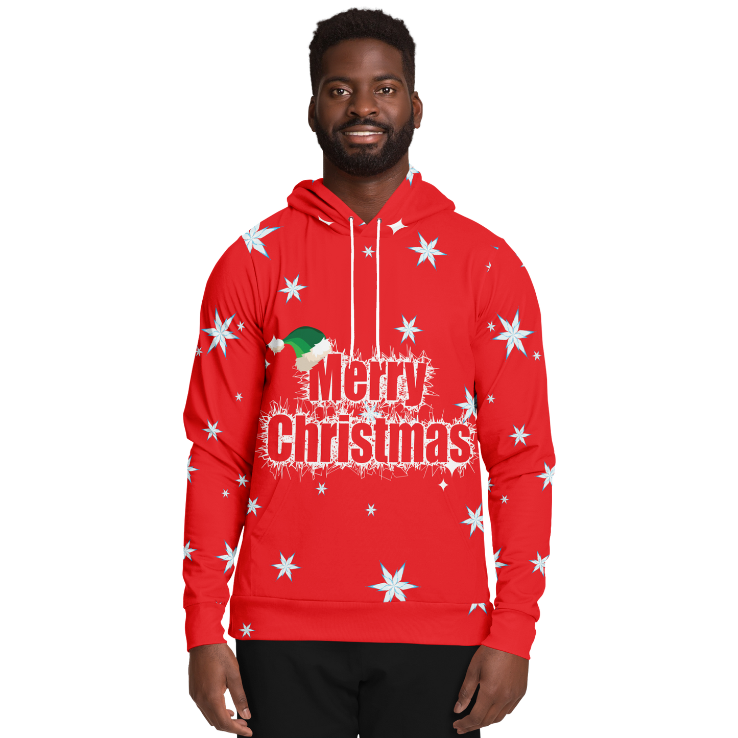 Front view of the hoodie highlighting snowflakes and Christmas graphic