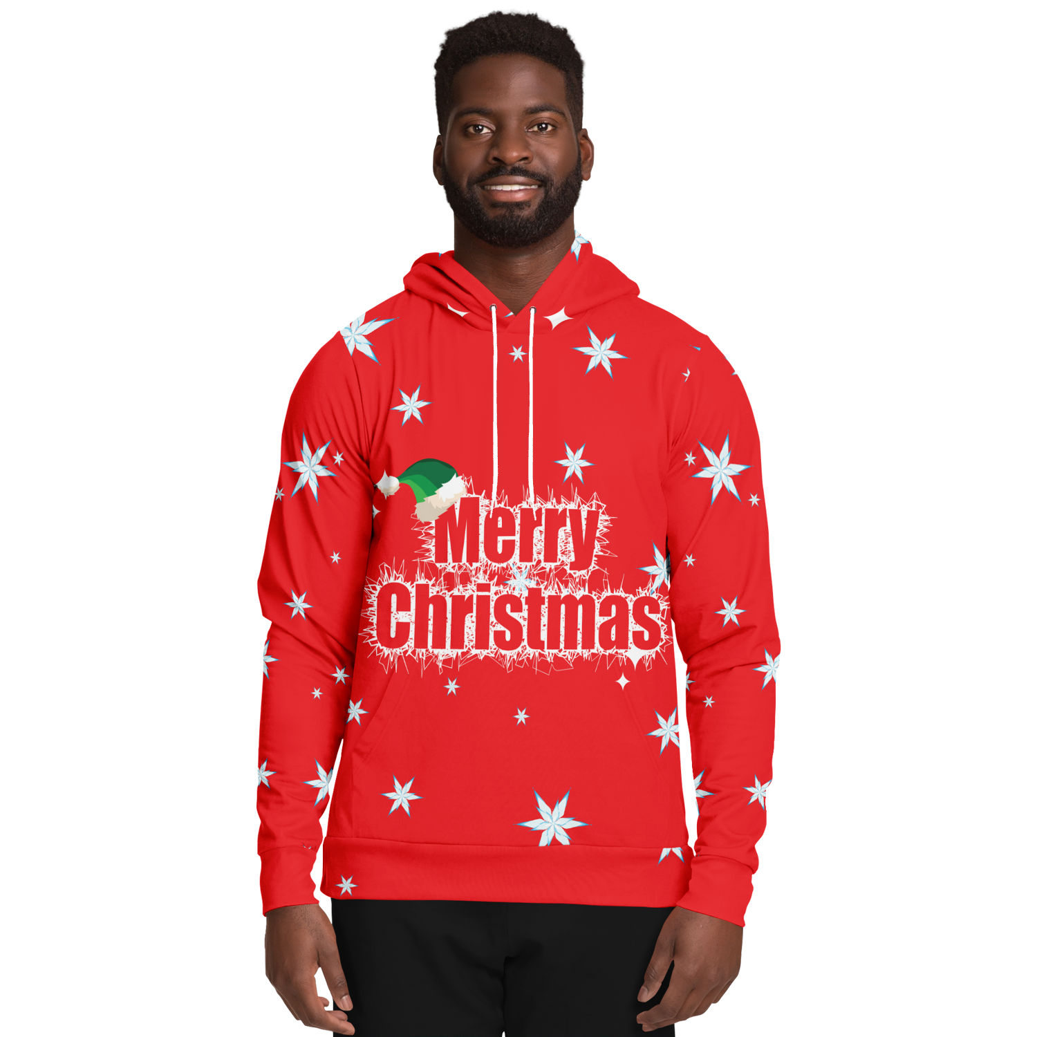 Front view of the hoodie highlighting snowflakes and Christmas graphic