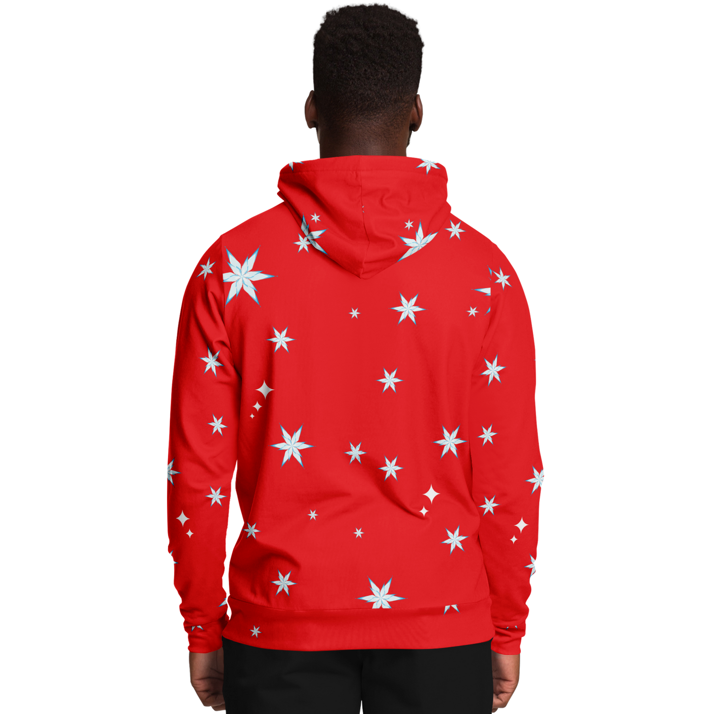 Back view of  a  male model wearing the hoodie, showing cheerful snowflake pattern