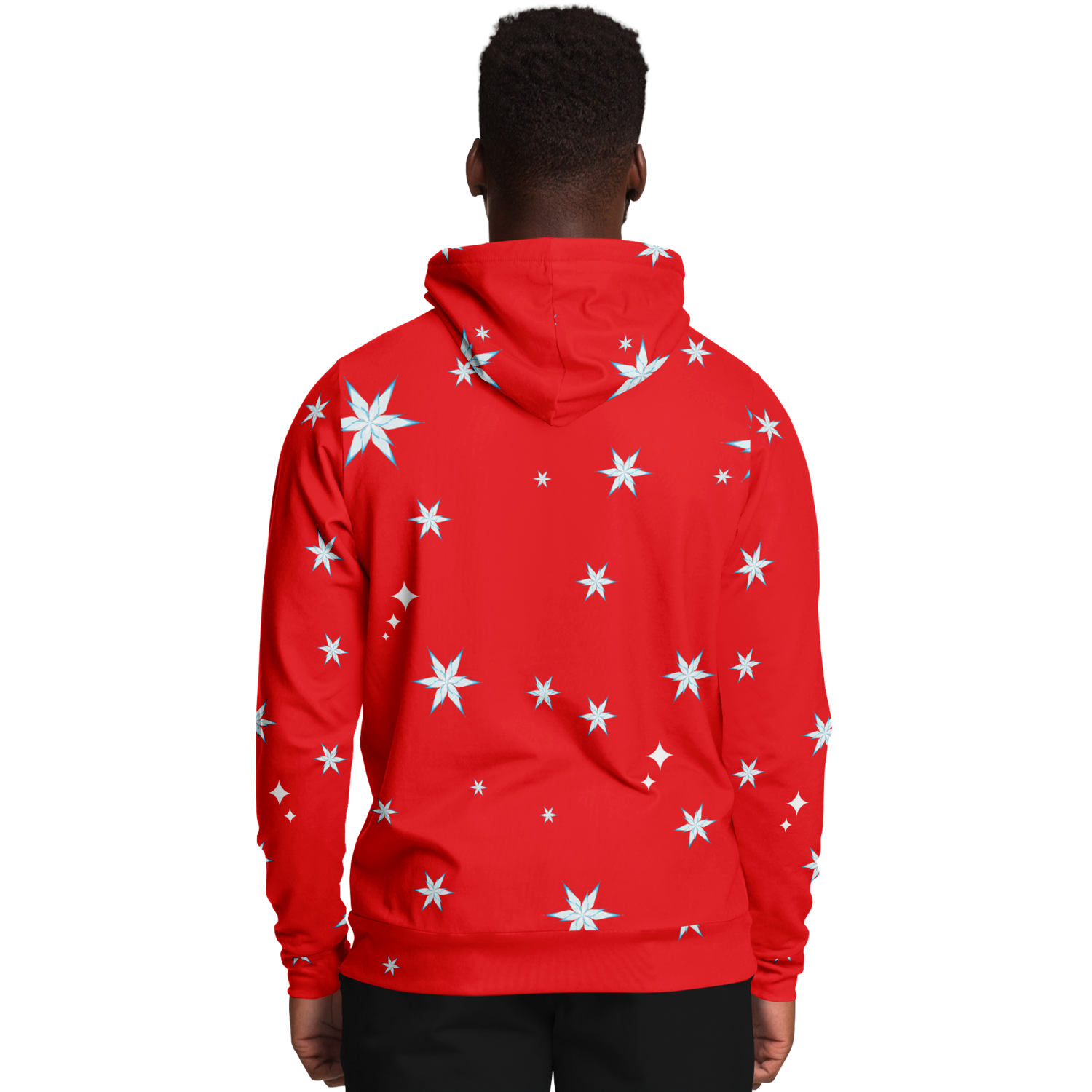 Back view of  a  male model wearing the hoodie, showing cheerful snowflake pattern
