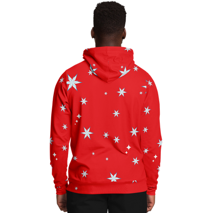 Back view of  a  male model wearing the hoodie, showing cheerful snowflake pattern