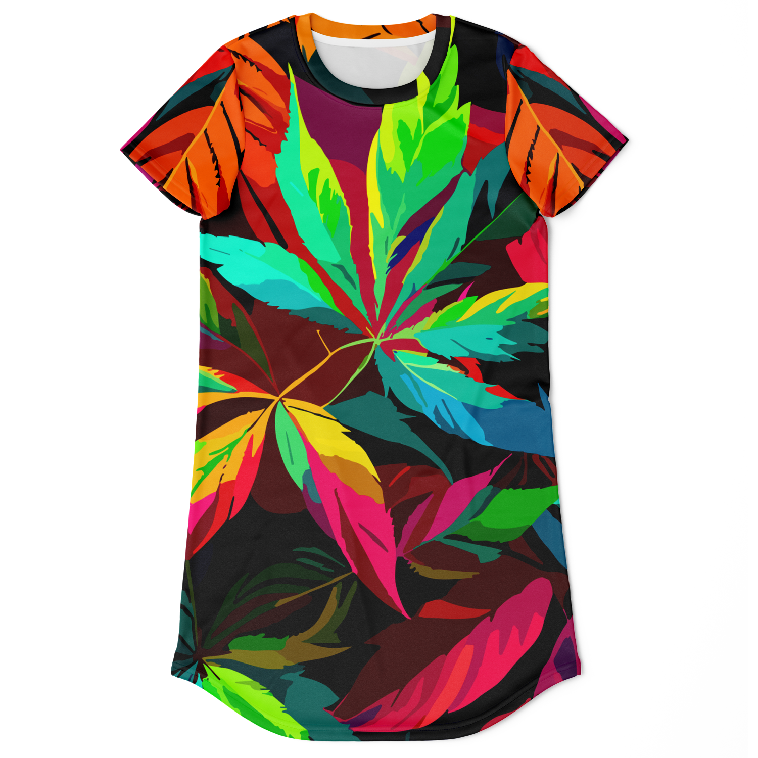 colorful t-shirt dress,
leaf print dress,
LEAF PRINT