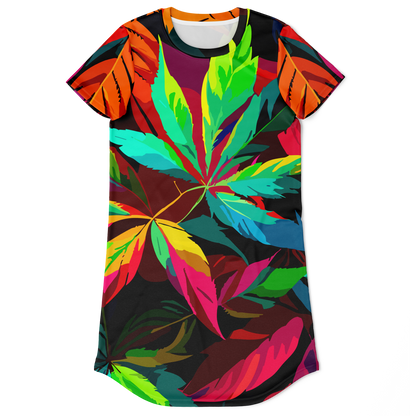 colorful t-shirt dress,
leaf print dress,
LEAF PRINT