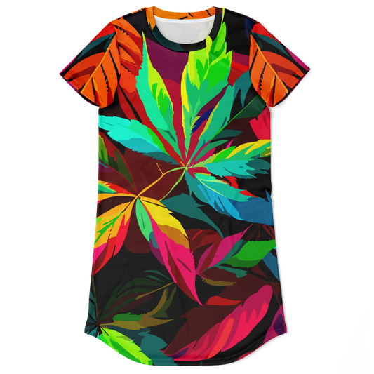 colorful t-shirt dress,
leaf print dress,
LEAF PRINT